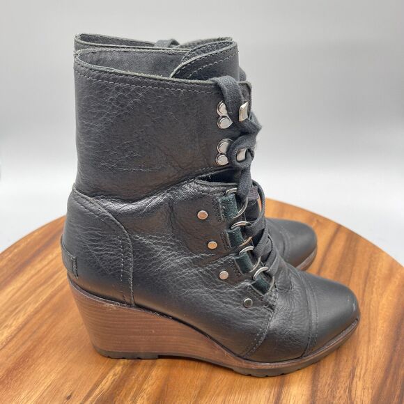Sorel Womens 6.5 After Hours Wedge Boot Lace Up Leather Waterproof Wood Heel - Picture 1 of 8